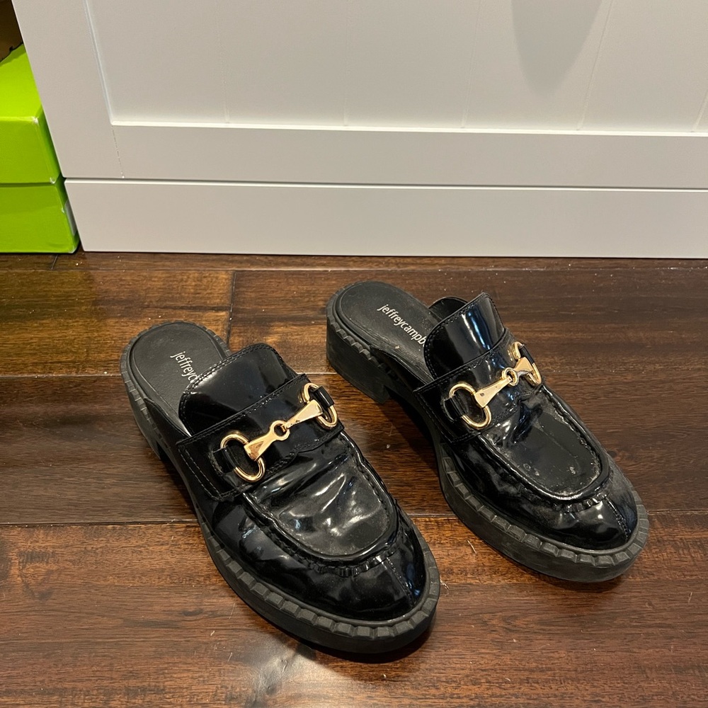 Jeffrey Campbell - Black Patent Leather Mules with Gold Buckle